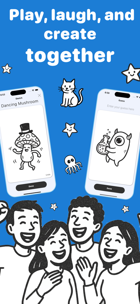 Happy friends playing a social drawing and guessing game on mobile phones.