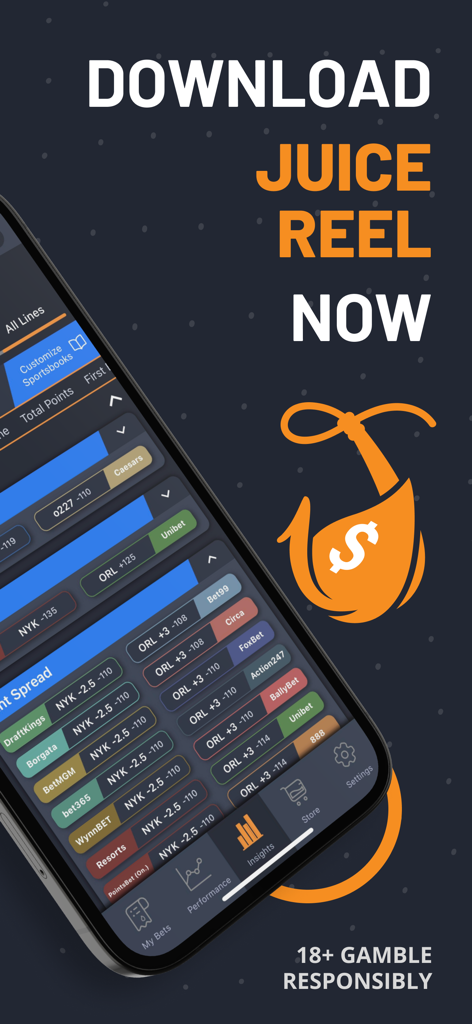 Juice Reel: Bet Tracker & Tips - Juice Reel mobile app screen displaying sports betting odds and point spreads from various bookmakers