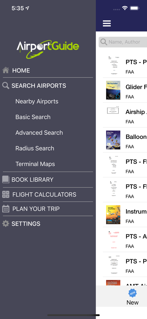 Airport Guide mobile app sidebar menu showing flight planning options and FAA book library