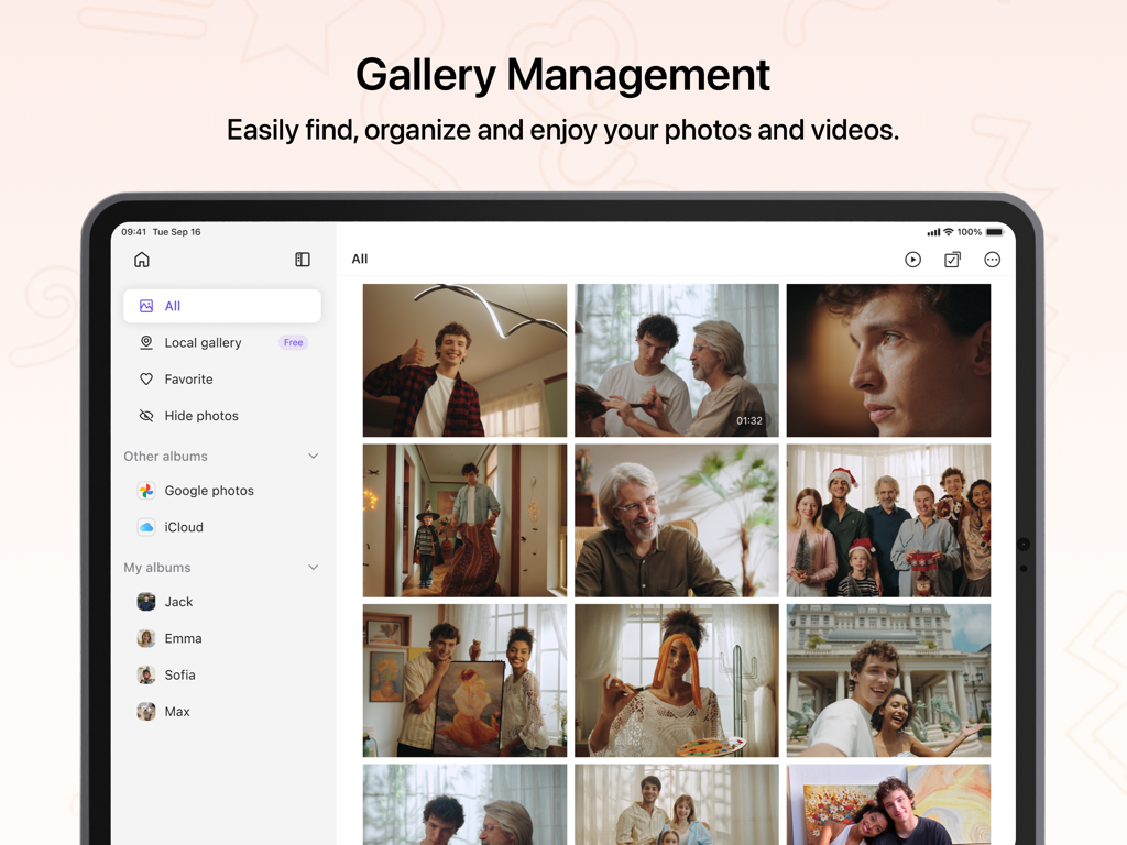 Uhale Photo Frame & Clock - Uhale app gallery management interface on an iPad displaying family photo albums