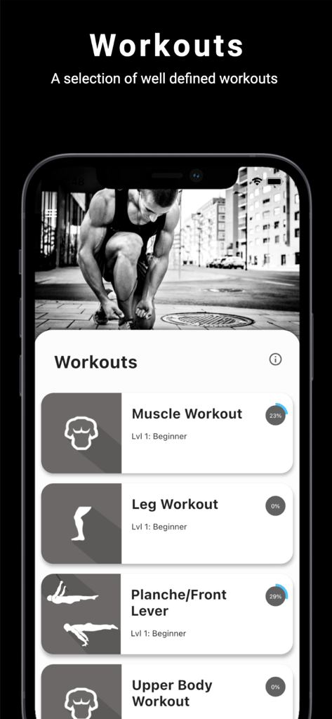 Thenics app interface displaying a list of calisthenics workout categories for beginners