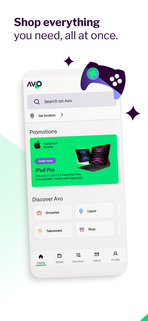 Avo SuperShop - Avo SuperShop mobile app home screen on an iPhone showing shopping categories and a promotion for iPad Pro.
