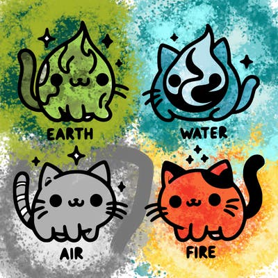 4 cats that represent the different elements, earth, water, air, and fire