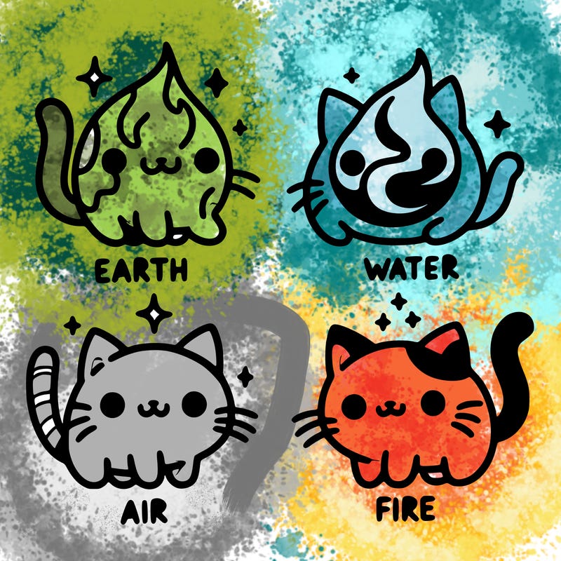 4 cats that represent the different elements, earth, water, air, and fire