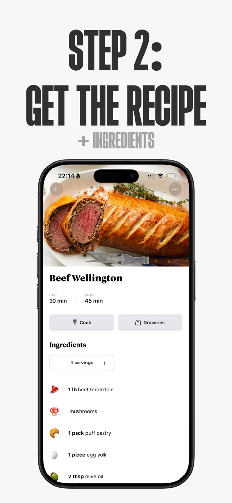ReciBox - Picture to Recipe - Pantalla de la aplicación móvil ReciBox que muestra una receta de Wellington de ternera con una lista detallada de ingredientes y tiempos de cocción