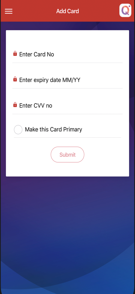 ComBank QPlus Merchant - Una interfaz móvil para la aplicación ComBank QPlus Merchant que muestra los campos para agregar una nueva tarjeta de pago, incluido el número de tarjeta, la fecha de vencimiento y el CVV