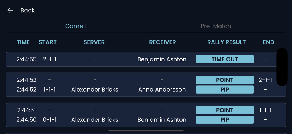 Pickleball Referee App - A detailed match history screen showing rally results server names and score progression for a pickleball game