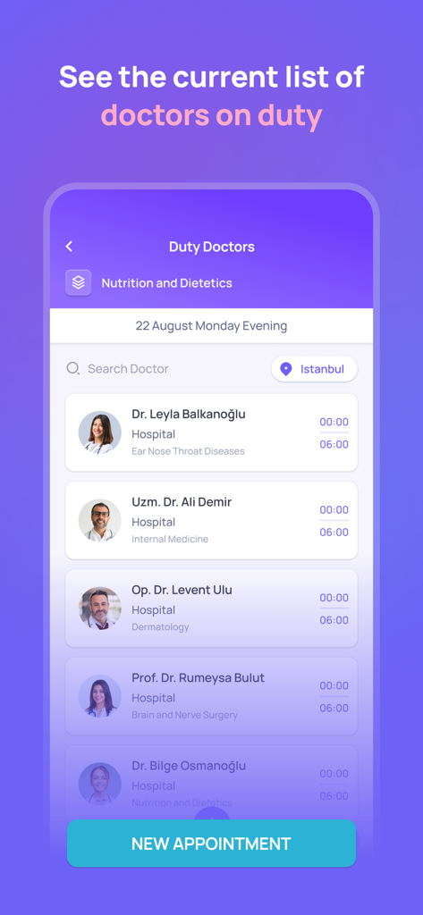Keep it Better - Keep it Better app interface showing a list of available duty doctors in Istanbul for medical appointments
