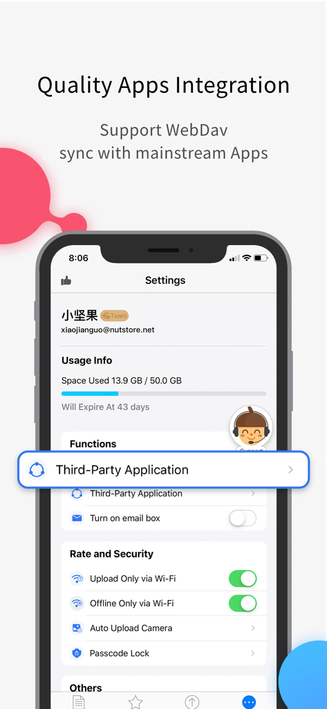 Nutstore-Cloud Storage&Backup - Screenshot of Nutstore app settings showing WebDAV support and third-party application integration options.