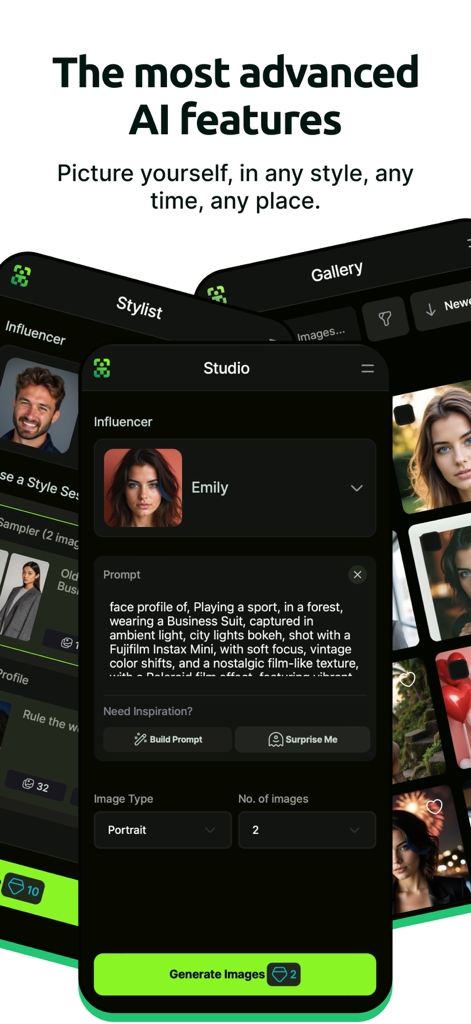 Pose AI: Photo & Video Studio - Pose AI app interface showing the studio screen with an AI prompt generator and a gallery of stylized portraits.