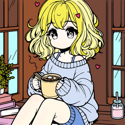 cute anime girl reading book and drinking hot chocolate from mug with loose wavy hair wearing a baggy sweatshirt and shorts sitting by windowsill looking out