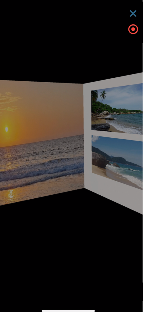 Portal de fotos de RA inmersivo que muestra recuerdos de viajes de atardeceres y playas en una galería virtual