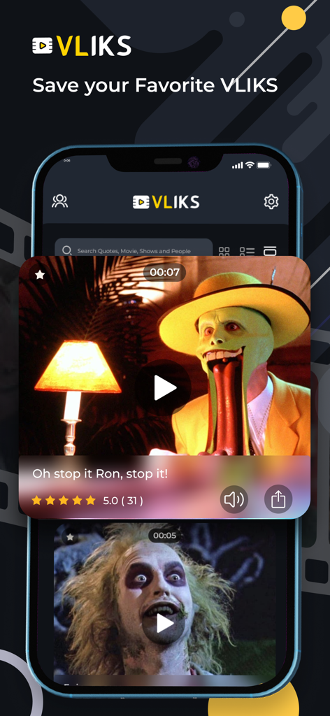 VLIKS - VLIKS mobile app interface showing a collection of saved favorite movie and TV video clips
