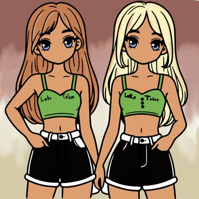two sisters with crop tops and jean shorts and straight hair