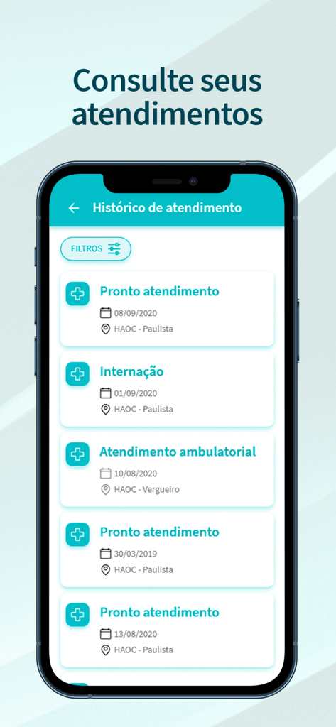 Meu Oswaldo Cruz - Care history screen in the Meu Oswaldo Cruz app showing a list of previous medical appointments and hospitalizations with dates and locations