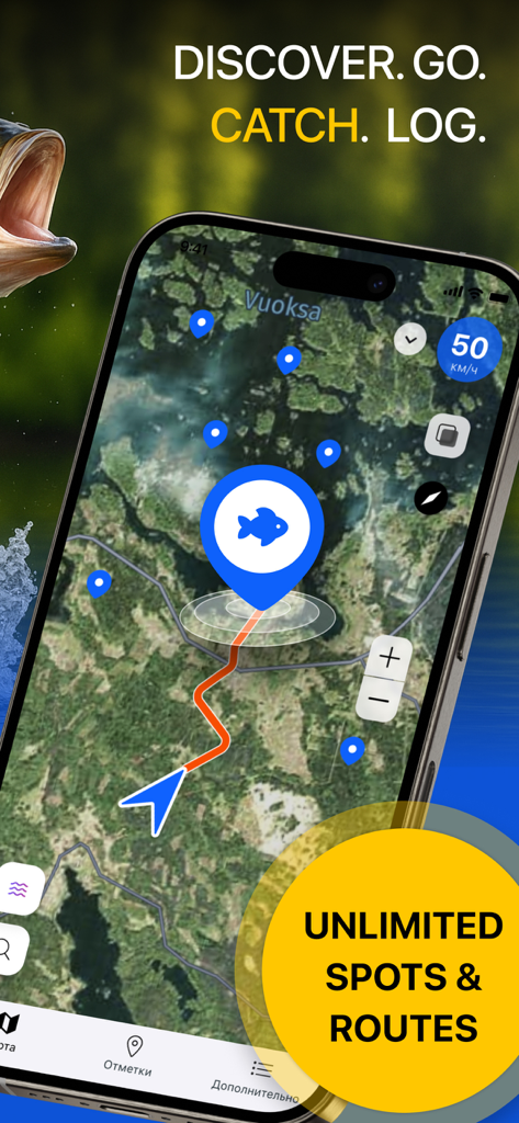 Marlin: Ultimate Fishing App - Marlin app interface showing a satellite map with a fishing navigation route and saved waypoints.