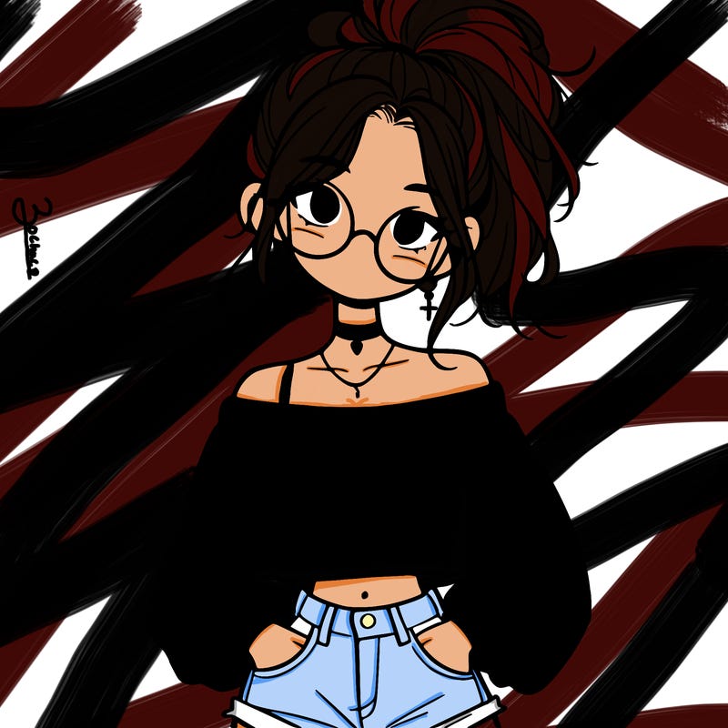 girl with a messy ponytail glasses a baggy crop top and jean shorts