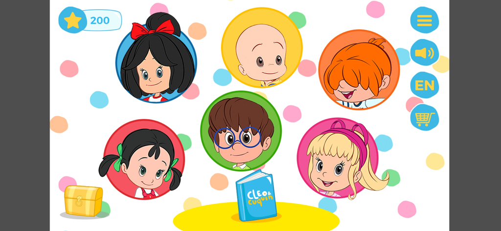 Menú principal de la aplicación Cleo y Cuquin con los seis personajes principales en círculos de colores