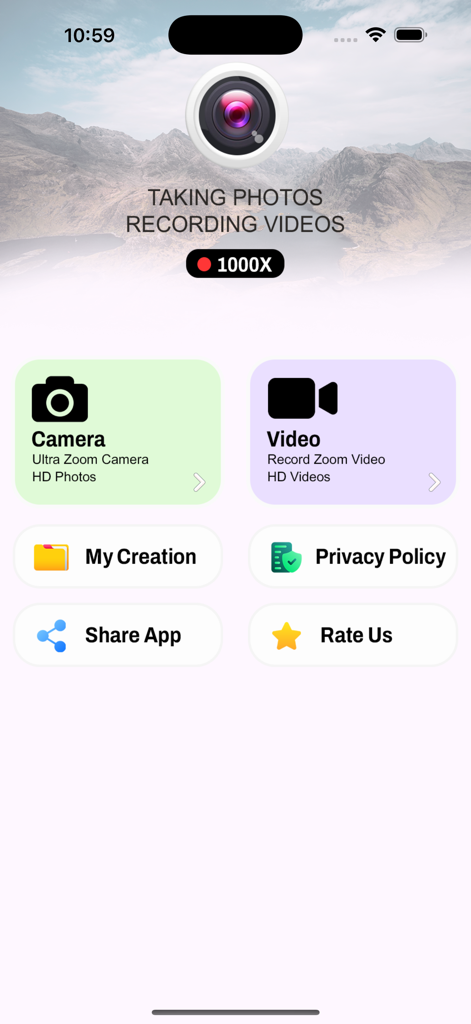 Ultra Zoom Camera 1000x - Hauptmenü der Ultra Zoom Kamera 1000x App mit Kamera- und Videooptionen und einer 1000-fachen Zoomanzeige