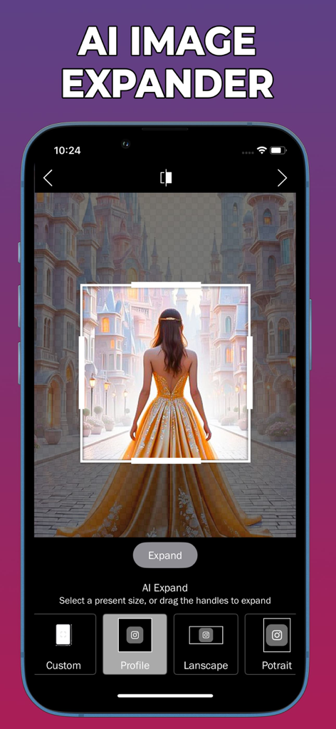 BG Remove: Background Editor - Herramienta expansora de imágenes con IA en la aplicación BG Remove que muestra opciones de expansión de fotos para redes sociales