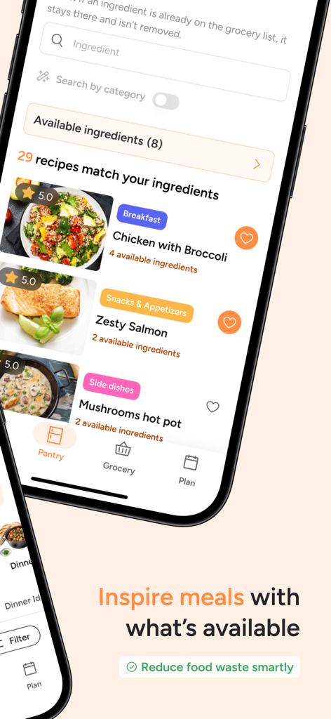 Food Simp app interface displaying recipe suggestions based on available pantry ingredients.