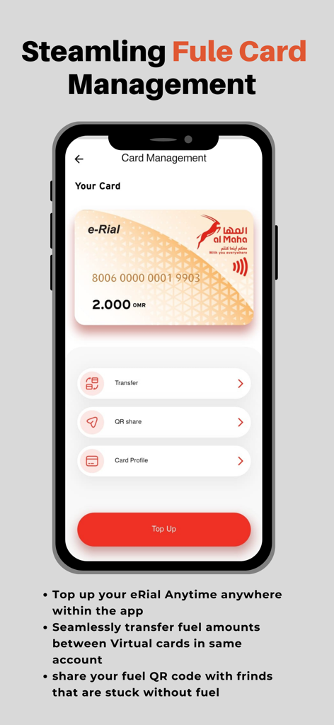 Benutzeroberfläche der mobilen Al Maha Plus-App für die Verwaltung von Kraftstoffkarten, die eine digitale Geldbörse und Aufladeoptionen zeigt