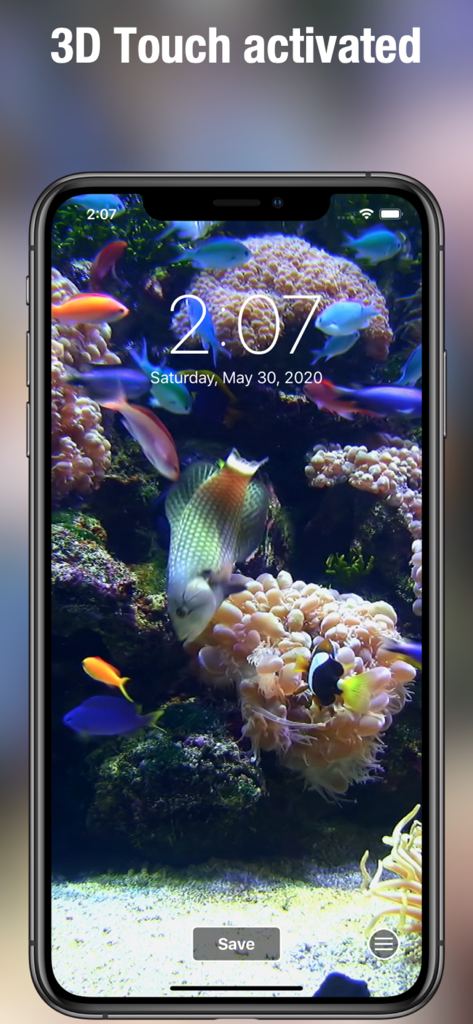 Aquarium Dynamic Wallpapers - iPhone screen featuring a vibrant tropical aquarium live wallpaper with 3D Touch activated