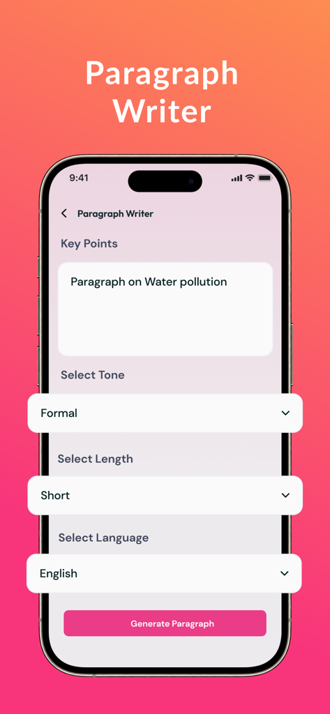 Plagiarism Remover-AI Rewriter - Interface of the AI paragraph writer tool showing options to select tone and length.