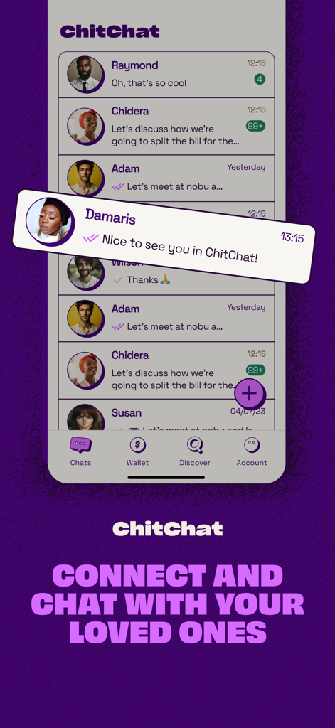 ChitChat mobile app messaging interface showing a list of conversations and a new message notification.