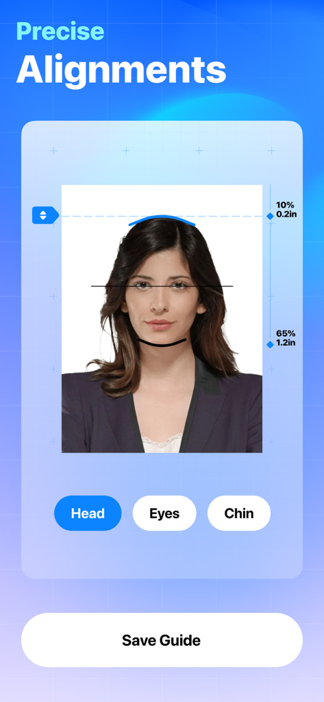 Passport Photo: ID Photo - Interface showing precise face alignment tools for head eyes and chin in a passport photo app