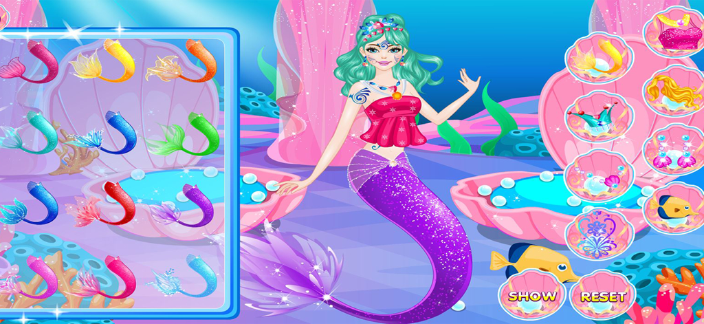 Mermaid Games, Dressing & Hair - Mermaid character being customized with different tail and accessory options in an underwater fashion salon game