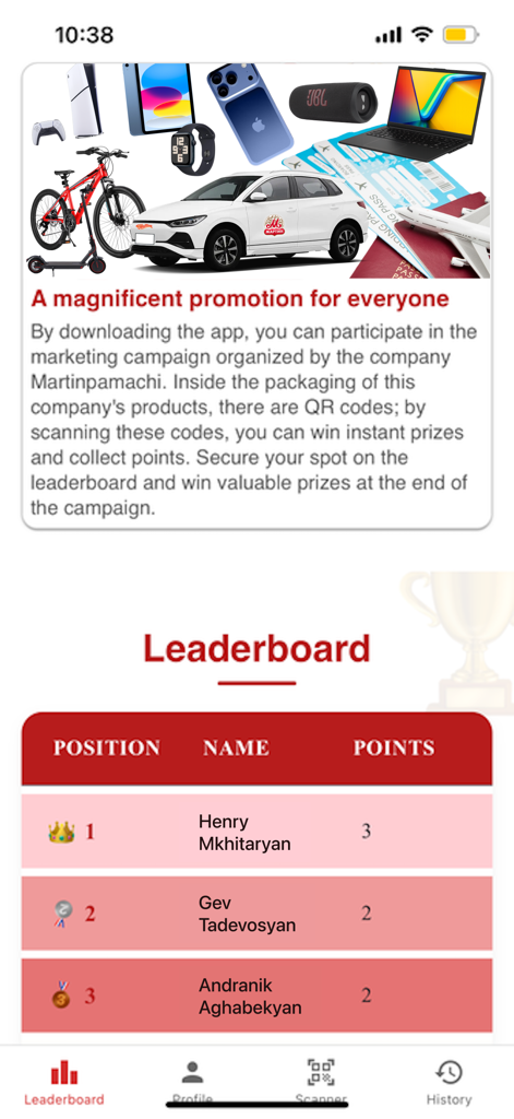 Martin App - Martin App interface displaying a promotional banner with luxury prizes and a competitive leaderboard with user rankings