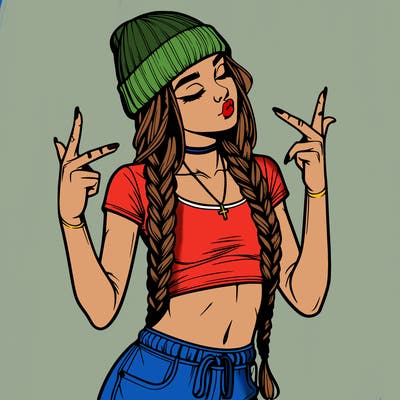 realistic teenage girl with braids and a beanie and crop top doing 🫶🏼