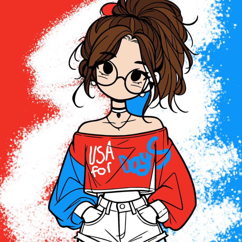 girl with a messy ponytail glasses a baggy crop top and jean shorts