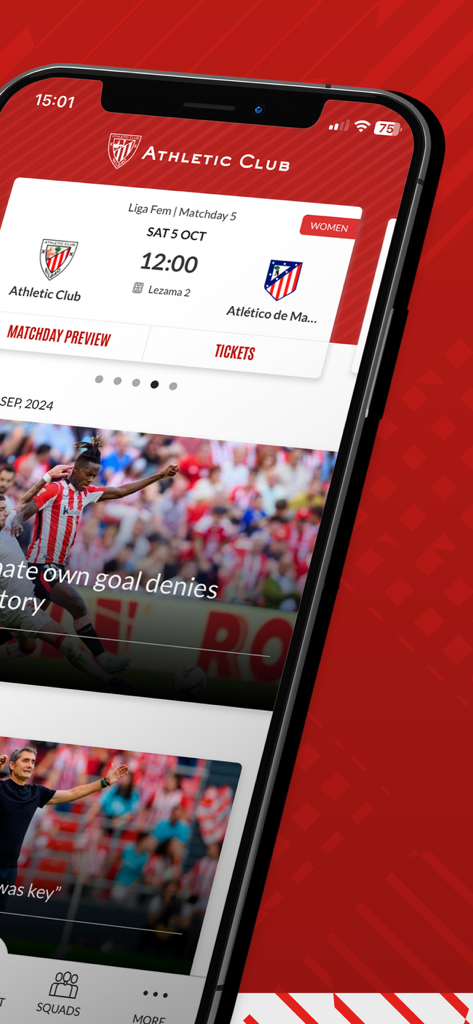 Athletic Club official app screen showing match schedules and club news.