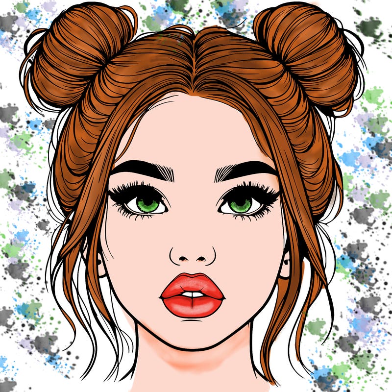 realistic girl with two buns on her hair and lips