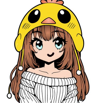 anime girl with chick shaped hat with sweater with bare shoulders with bangs covering them one eye with low tail