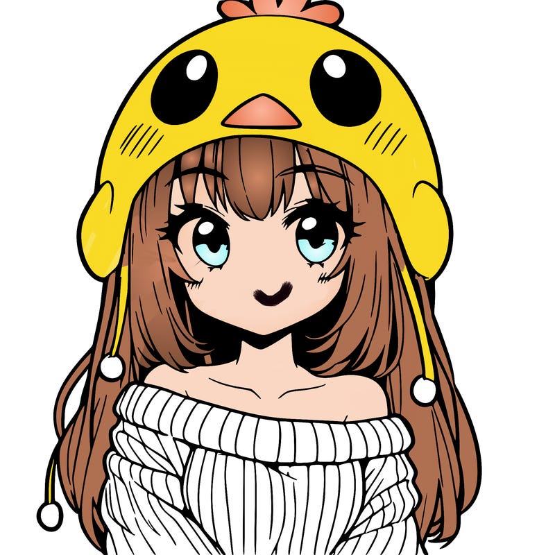 anime girl with chick shaped hat with sweater with bare shoulders with bangs covering them one eye with low tail