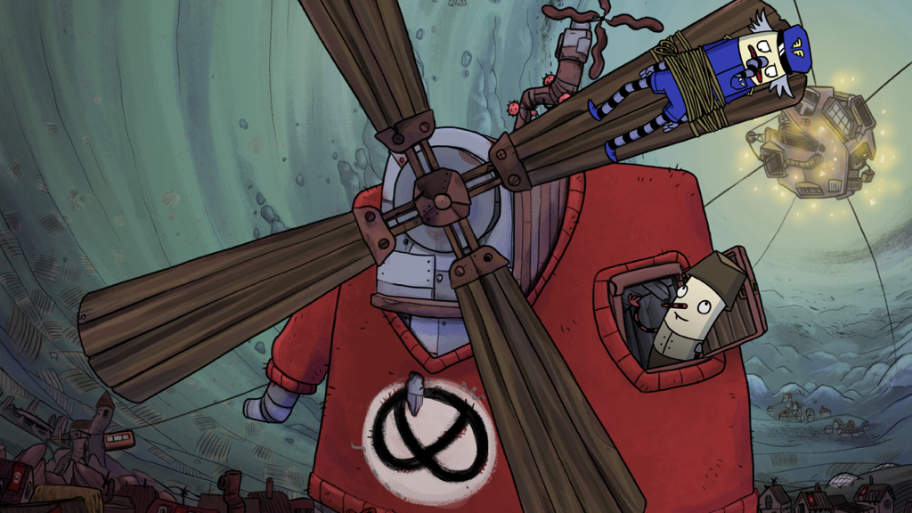 A whimsical hand-drawn scene from The Inner World 2 featuring a character tied to a windmill blade.