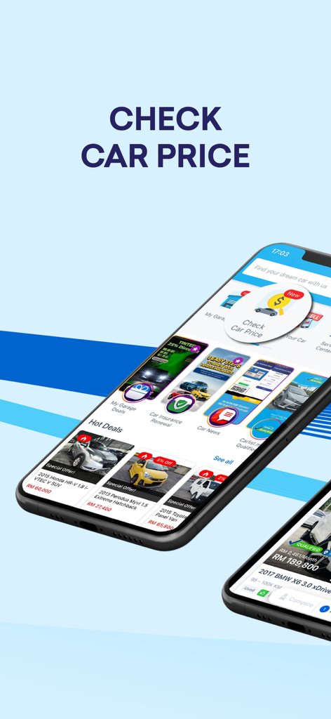 Interface of Carlist.my app highlighting the check car price feature and hot deals