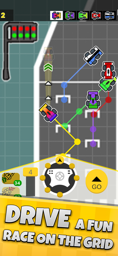 GPixel - Turn Based Racing - GPixel turn based racing gameplay showing cars and trajectories on a pixel grid