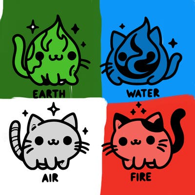 4 cats that represent the different elements, earth, water, air, and fire