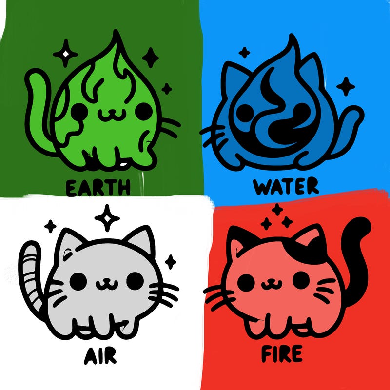 4 cats that represent the different elements, earth, water, air, and fire