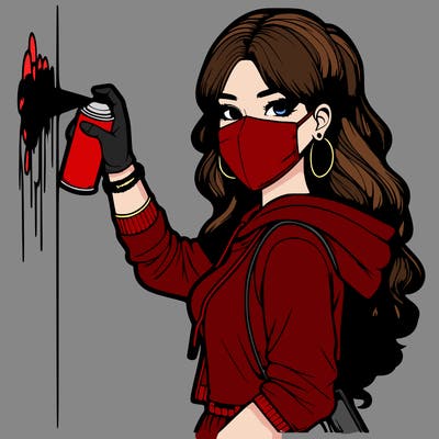 realistic girl with mask spray painting a wall