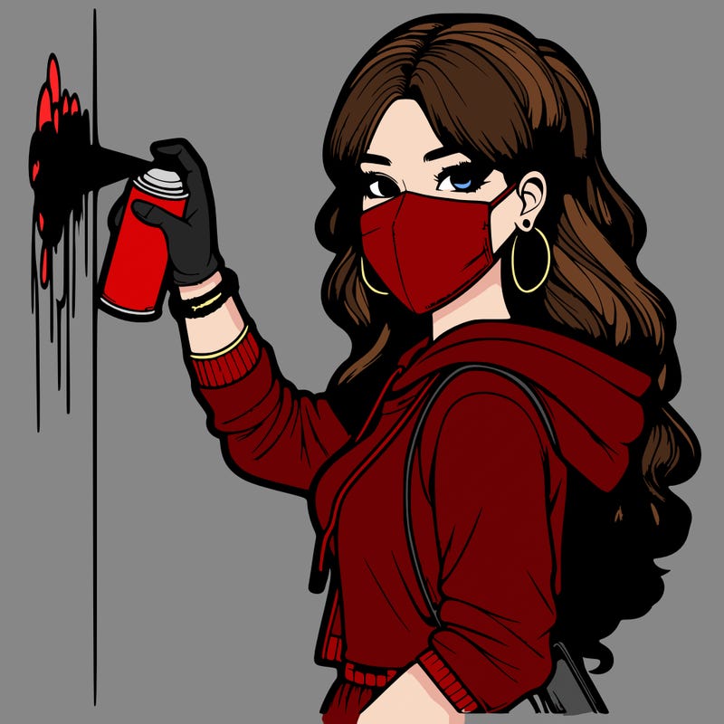 realistic girl with mask spray painting a wall