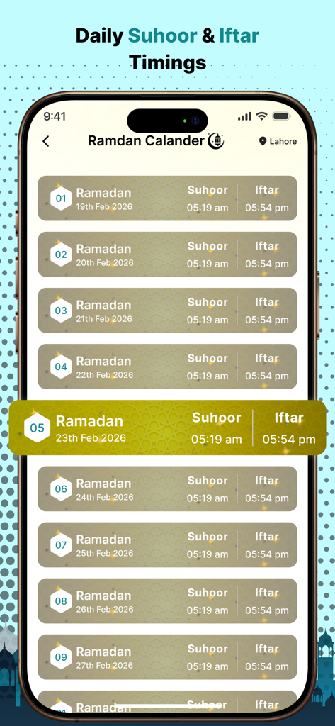 Quran-al-Hikma : Ramadan 2026 - Daily Suhoor and Iftar timings on a Ramadan 2026 calendar screen