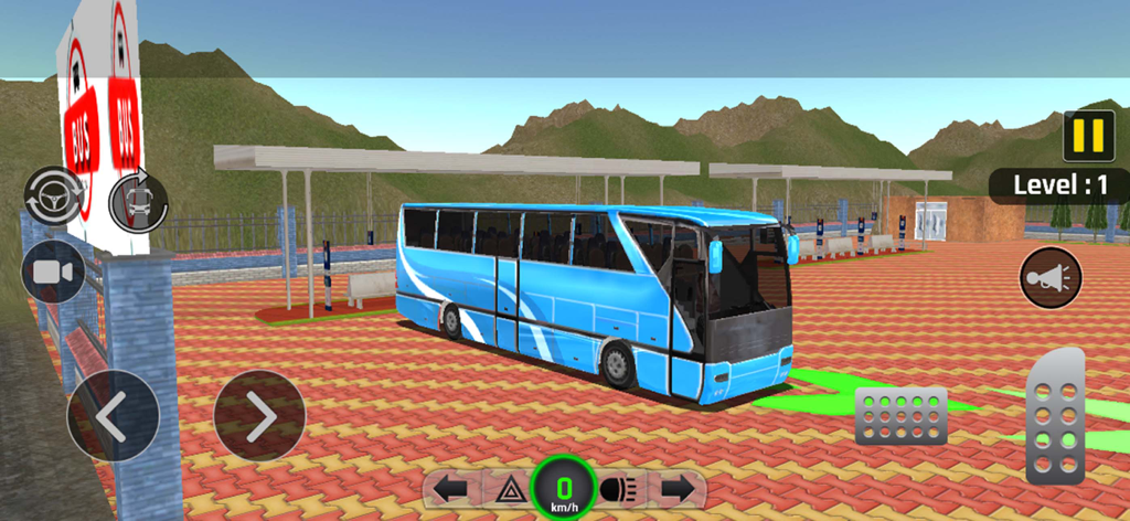 A blue passenger bus parked at a bus station in the game Bus Simulator Driver Games 3D