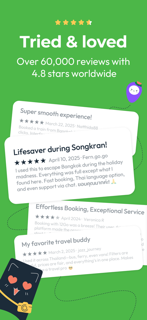 12Go Train Bus Ferry Flight - Une collection d'avis d'utilisateurs positifs pour l'application de voyage 12Go, soulignant sa note de 4,8 étoiles et sa facilité d'utilisation.