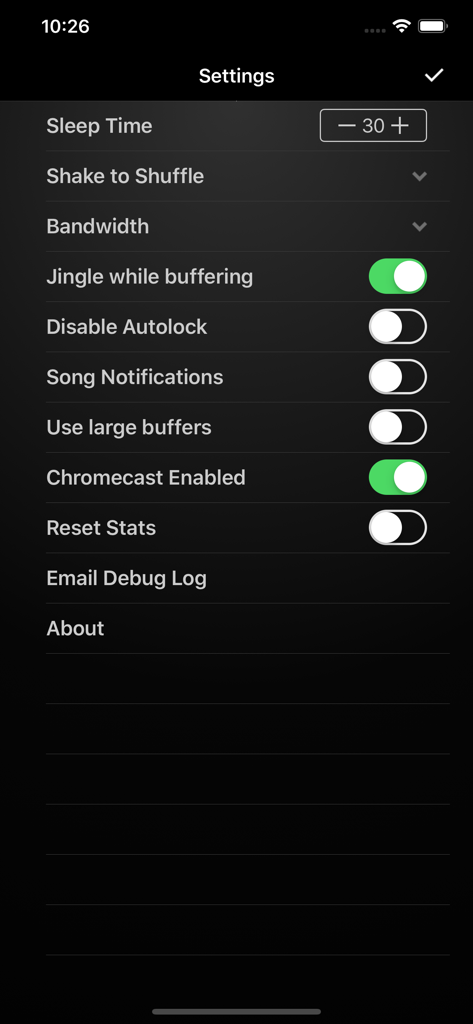 Settings interface for the SomaFM Radio Player app displaying various configuration options