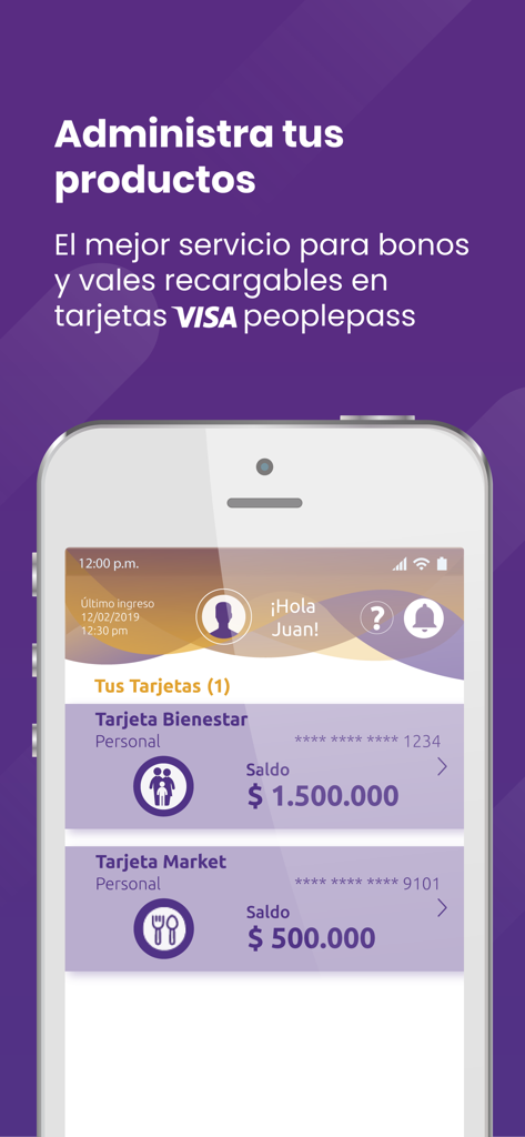 Peoplepass mobile app screen showing Visa benefit card management and account balances